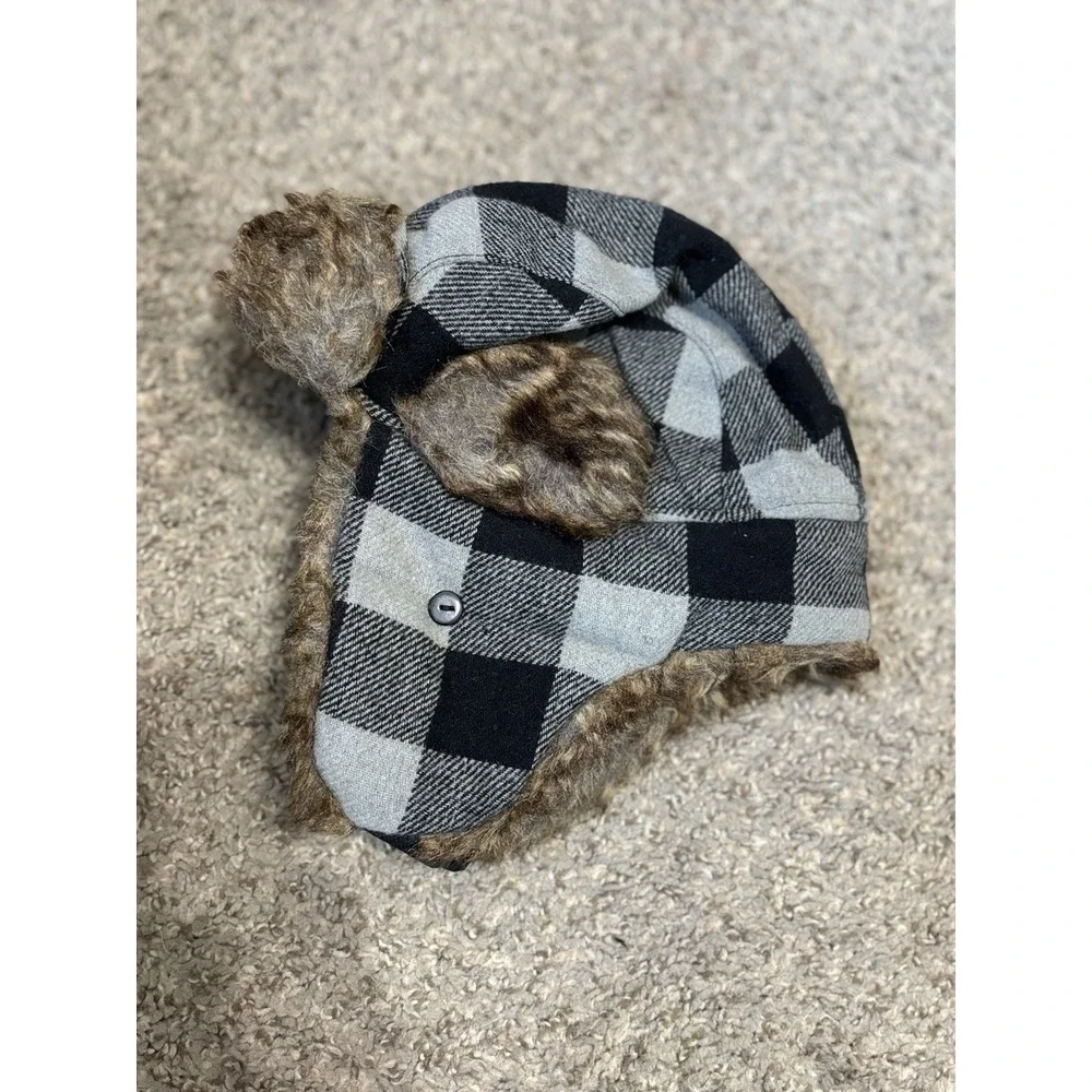 Kids Boys Faux Fur‎ Hat Plaid Black/Gray Ear Flaps S/M Warm Winter Fleece Lined